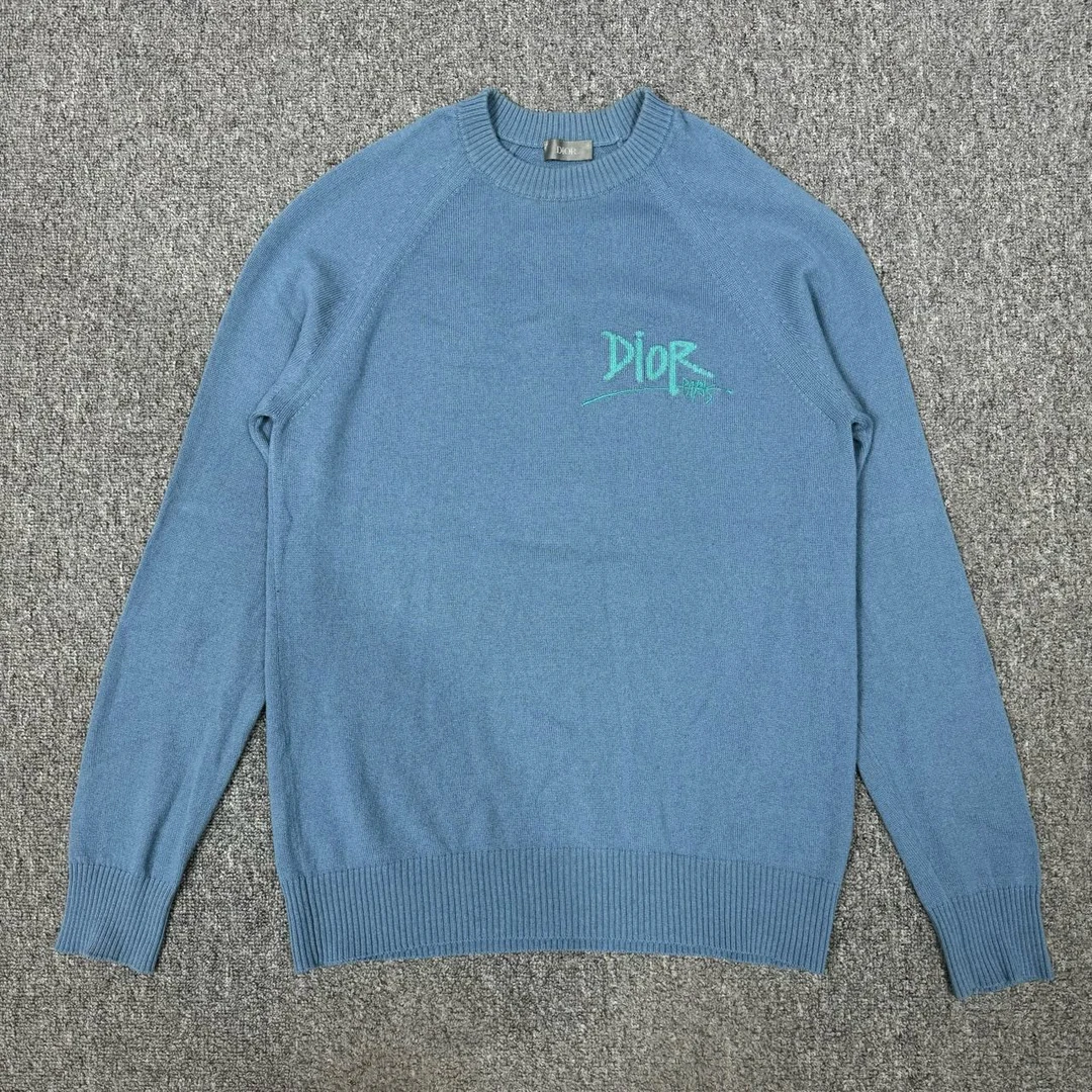 99新 DIOR/迪奥 12117324迪奥 蓝色山羊绒胸前logo针织衫 M码99新