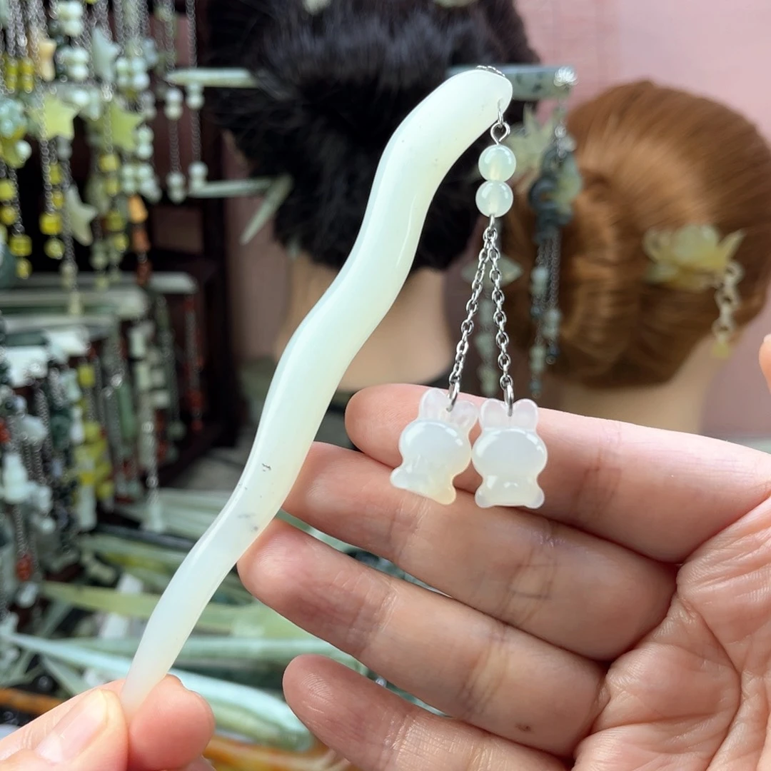 蛇纹石玉发饰未镶嵌长度14厘米左右