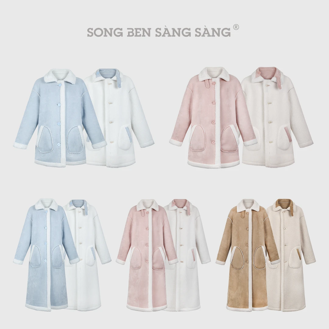 松本丧丧蓝色过膝长款羊羔绒双面穿摇粒绒大衣外套秋冬B253O0072