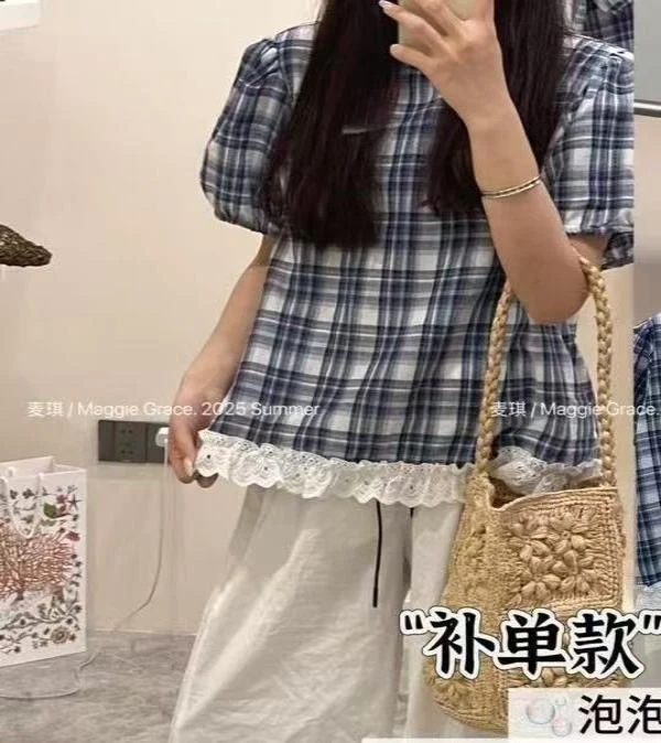 格子拼接蕾丝花边短袖T恤衫8091