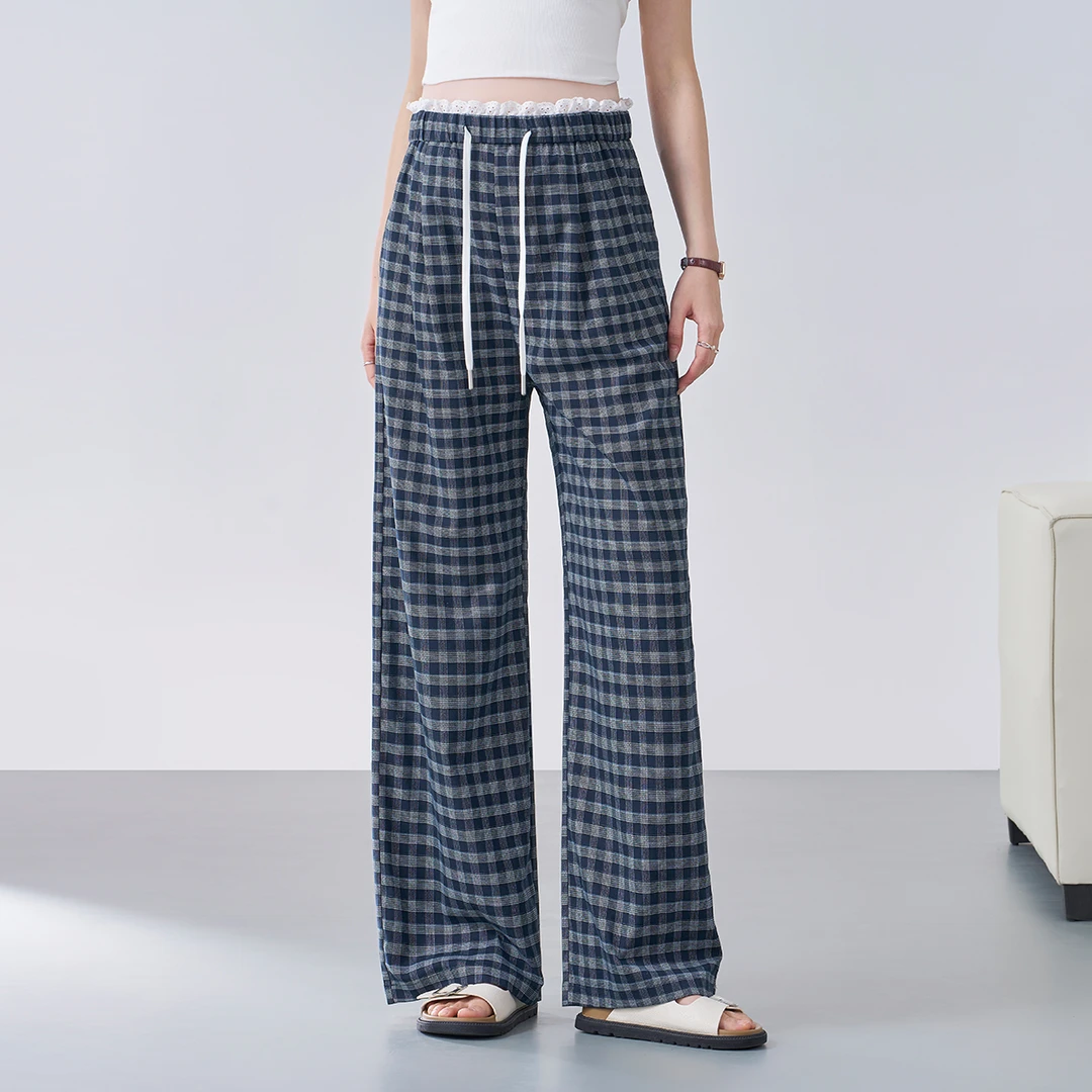 masanon孕妇裤夏季薄款休闲格子阔腿裤子2025新款无托腹不勒肚子