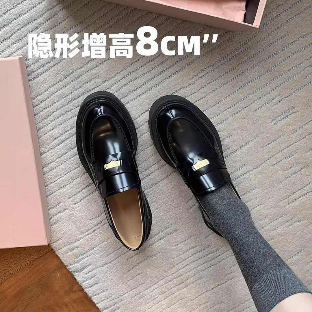 香港真皮金币乐福鞋女2025春秋新款厚底粗跟增高单鞋英伦风小皮鞋