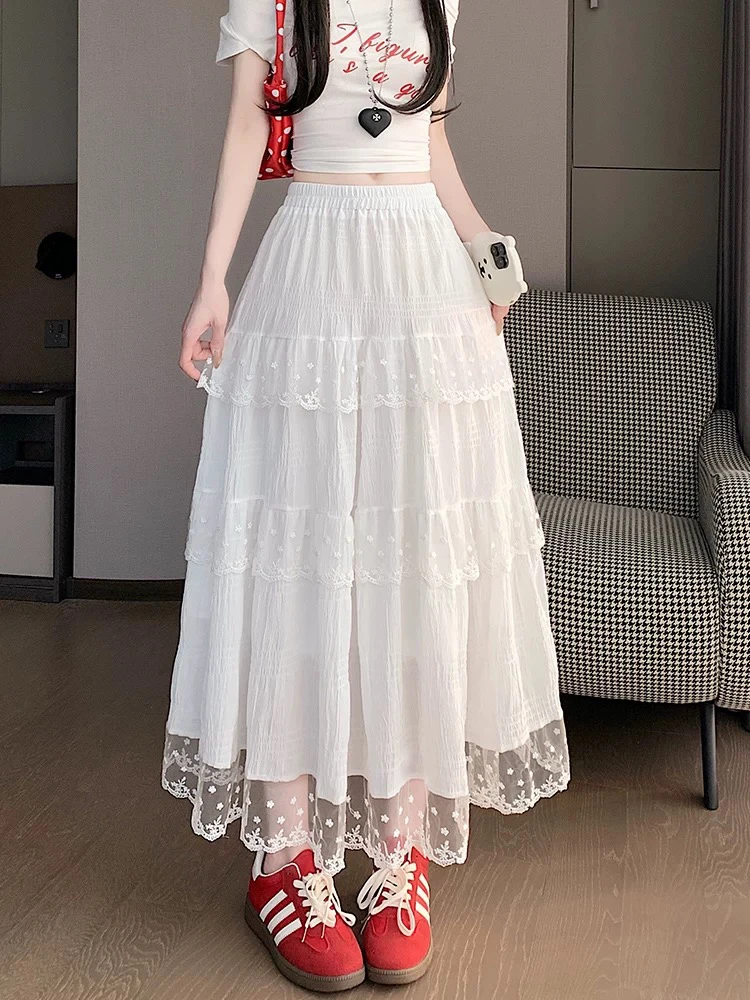 2025新款韩版蕾丝拼接白色蛋糕裙女高腰显瘦宽松百搭A字半身裙