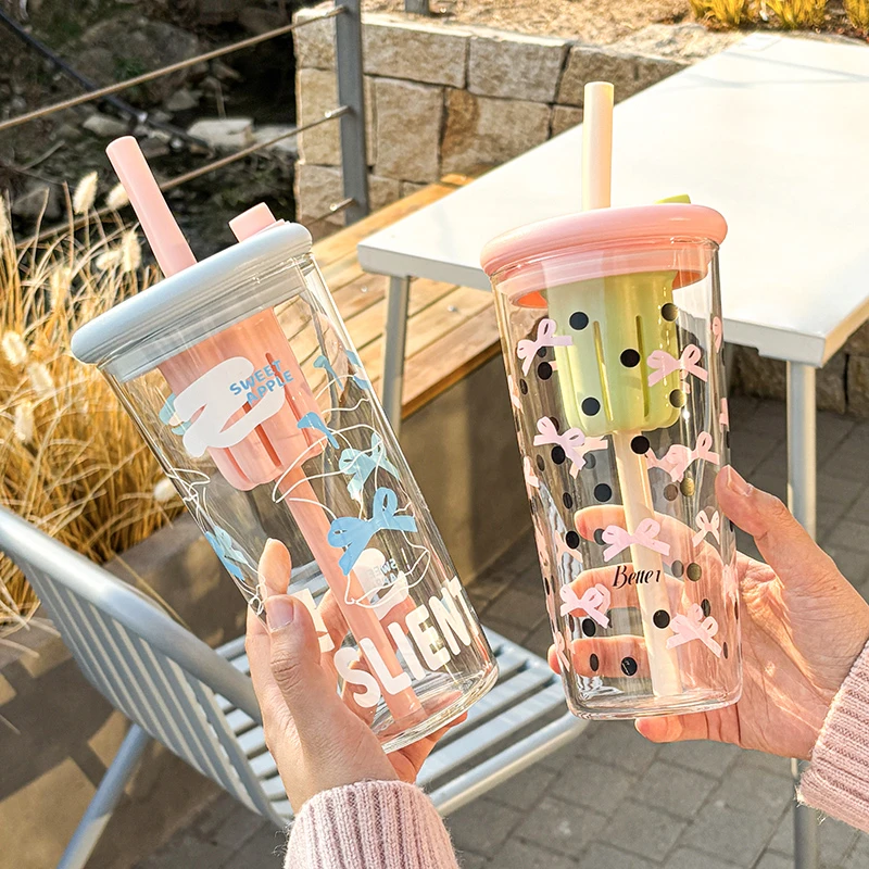 舍里高硼硅玻璃吸管杯茶水分离杯家用杯子女高颜值夏季大容量杯子