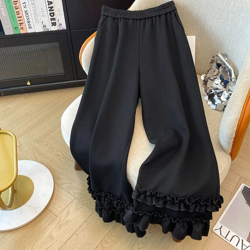 300斤大码女装设计感花边休闲裤胖mm2025新款宽松高腰阔腿直筒裤