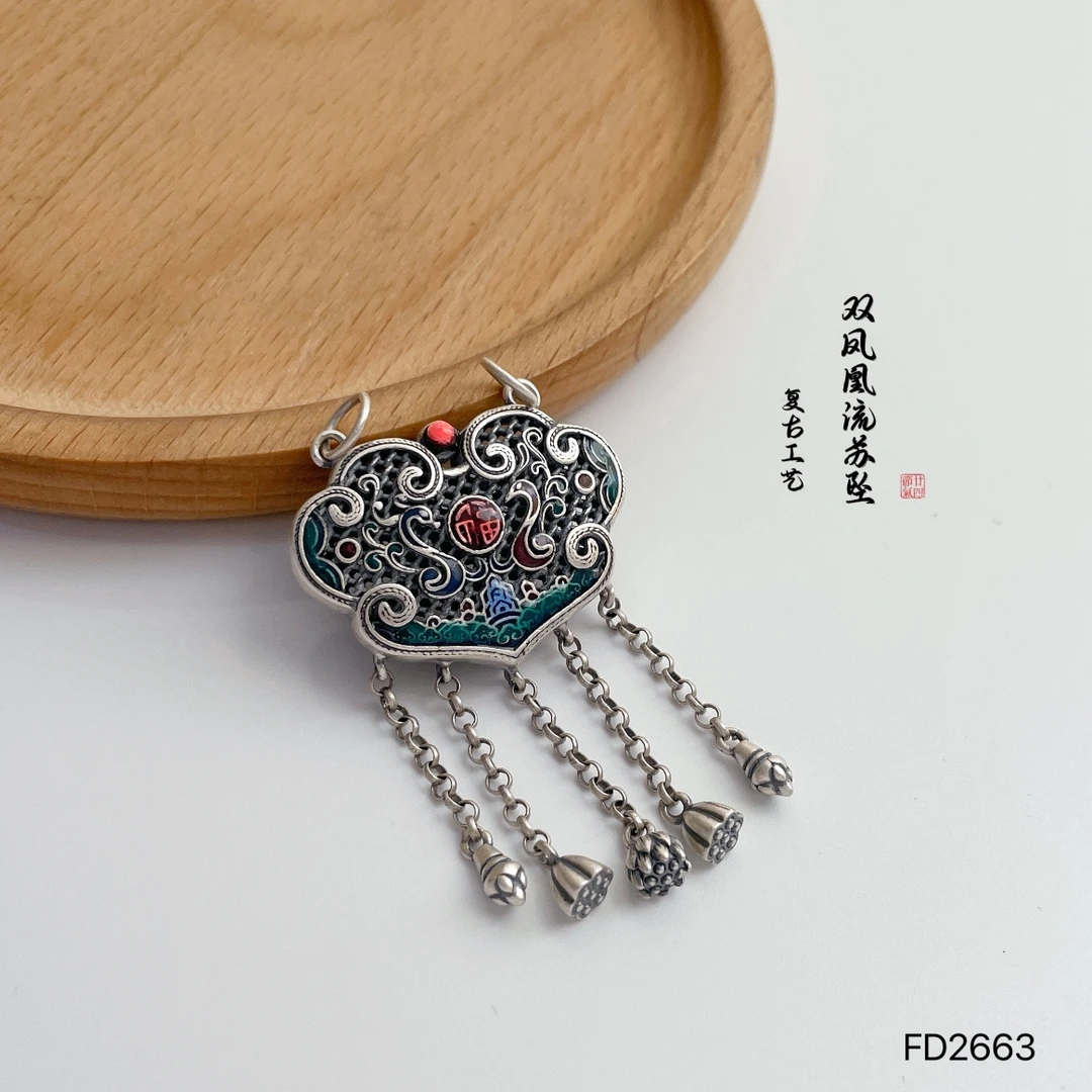 吊坠足银 足银滴胶福字双凤凰流苏双环吊坠复古工艺国潮时尚古风