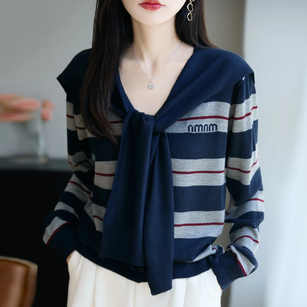 【柔软~亲肤】早秋时尚撞色条纹羊毛开衫宽松长袖百搭披肩针织衫