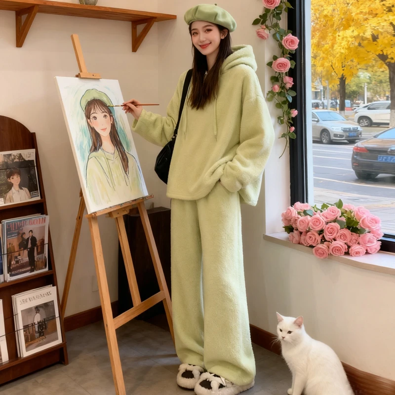 绿色纯色杨依珊百搭潮牌高品质慵懒风软糯毛绒连帽衫休闲裤套装