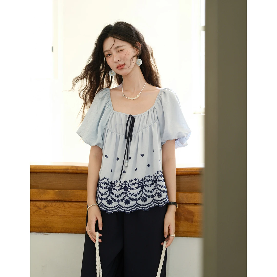 【诗语专属】谜秀法式甜美系带蕾丝钩花短袖衬衫短款衬衣MXE36X1799