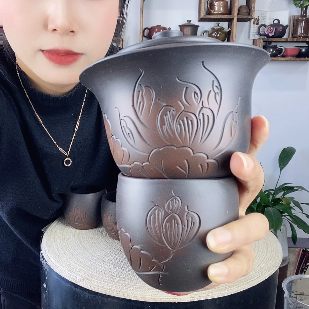 壶七*建水紫陶微瑕荷花手抓➕主1
