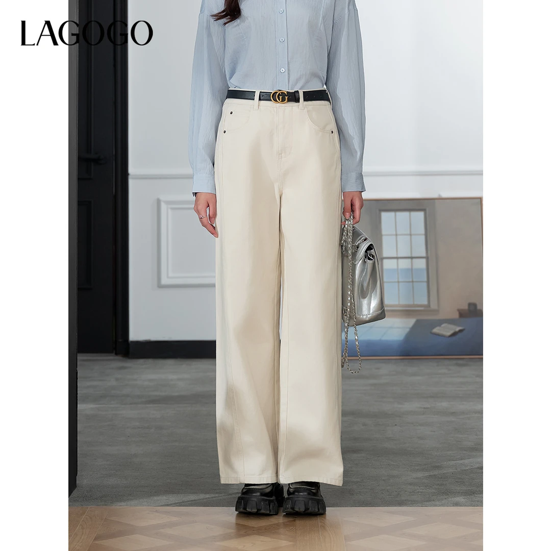 LAGOGO纯棉高腰宽松牛仔裤女拉谷谷2025春新款阔腿裤OANN531B91