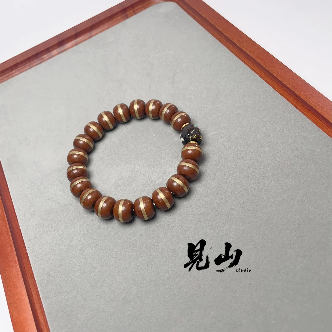 【見山】精品墟藏·紫金鼠铜腰带一线天珠改阿呆顶珠文玩手链~专s7