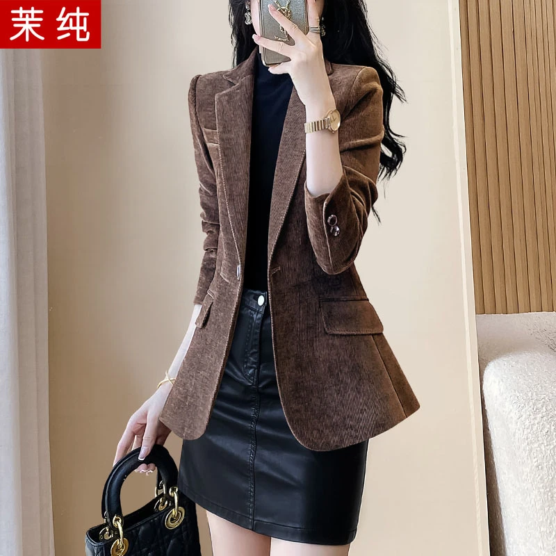 毛呢外套女秋冬高级感超好看ol女装咖色加厚保暖灯芯绒小西装上衣