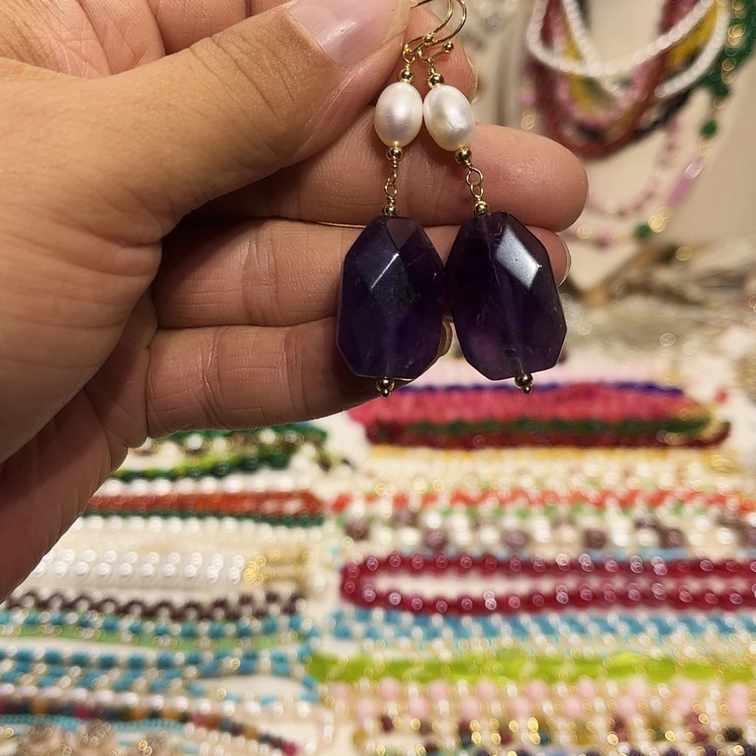 花岗石纯铜锡合金纯铜耳环紫色时尚潮流