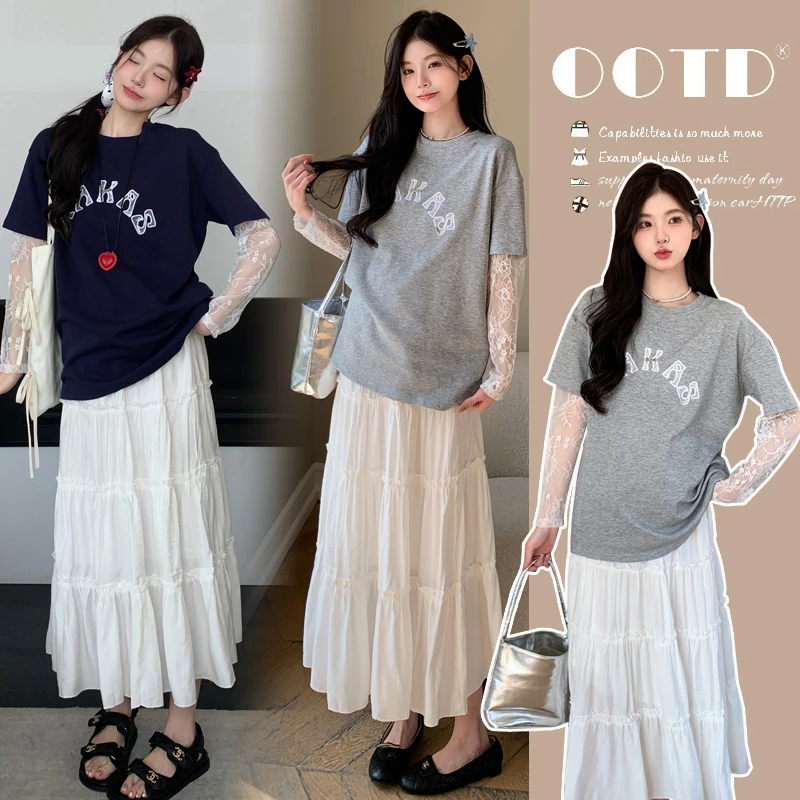 2025夏新款孕妇字母刺绣假两件圆领T恤+无托腹时尚抽皱蛋糕裙