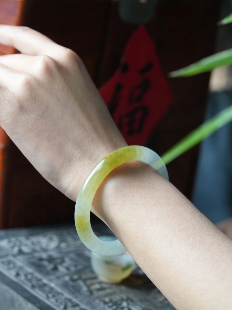 【黄潆】冰糯黄翡手镯经典圆条手镯 秋香色手镯 圈口伍贰