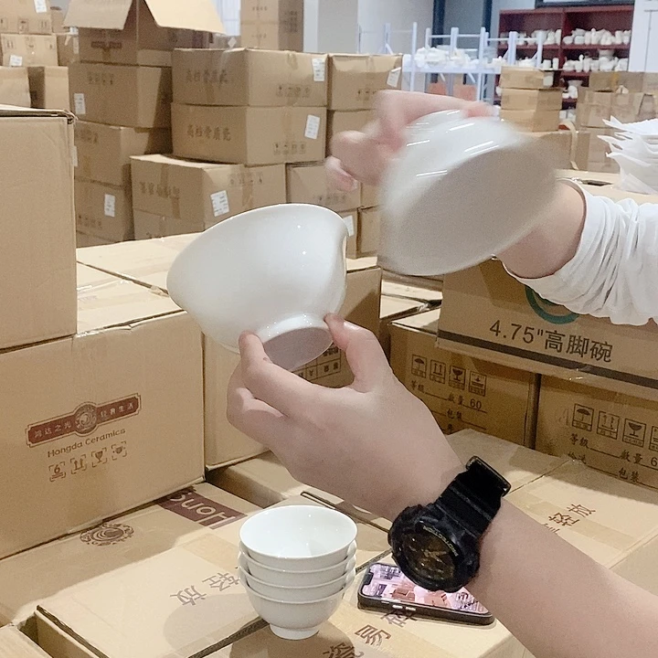 白瓷老白胎4.75寸高脚米饭碗6个装