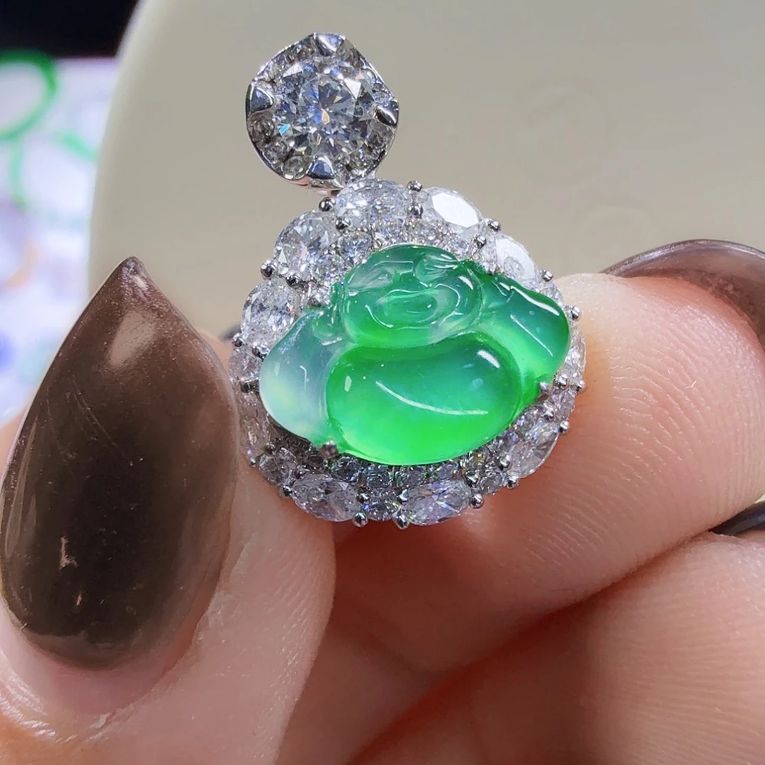 翡翠18K金镶嵌颈饰超美木纳甜阳玻璃种