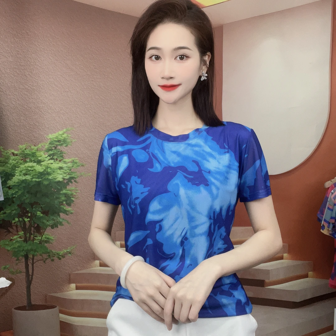 2025夏季新款时尚百搭显瘦气质肌肤纱短袖圆领T恤印花上衣1011