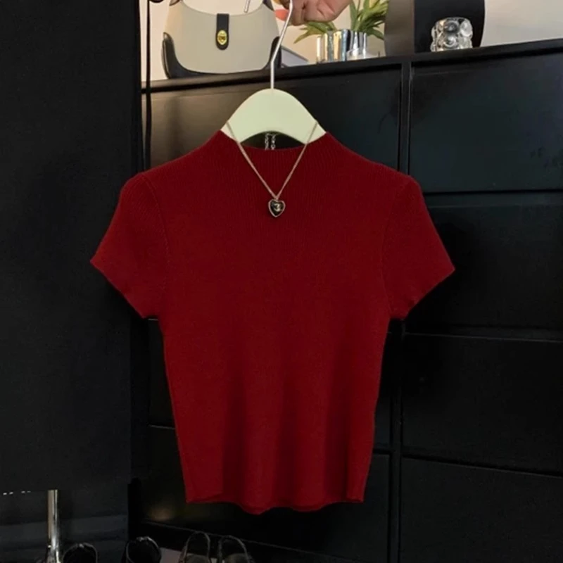 气质高级感立领正肩针织短袖t恤女夏季独特超好看甜辣修身短上衣