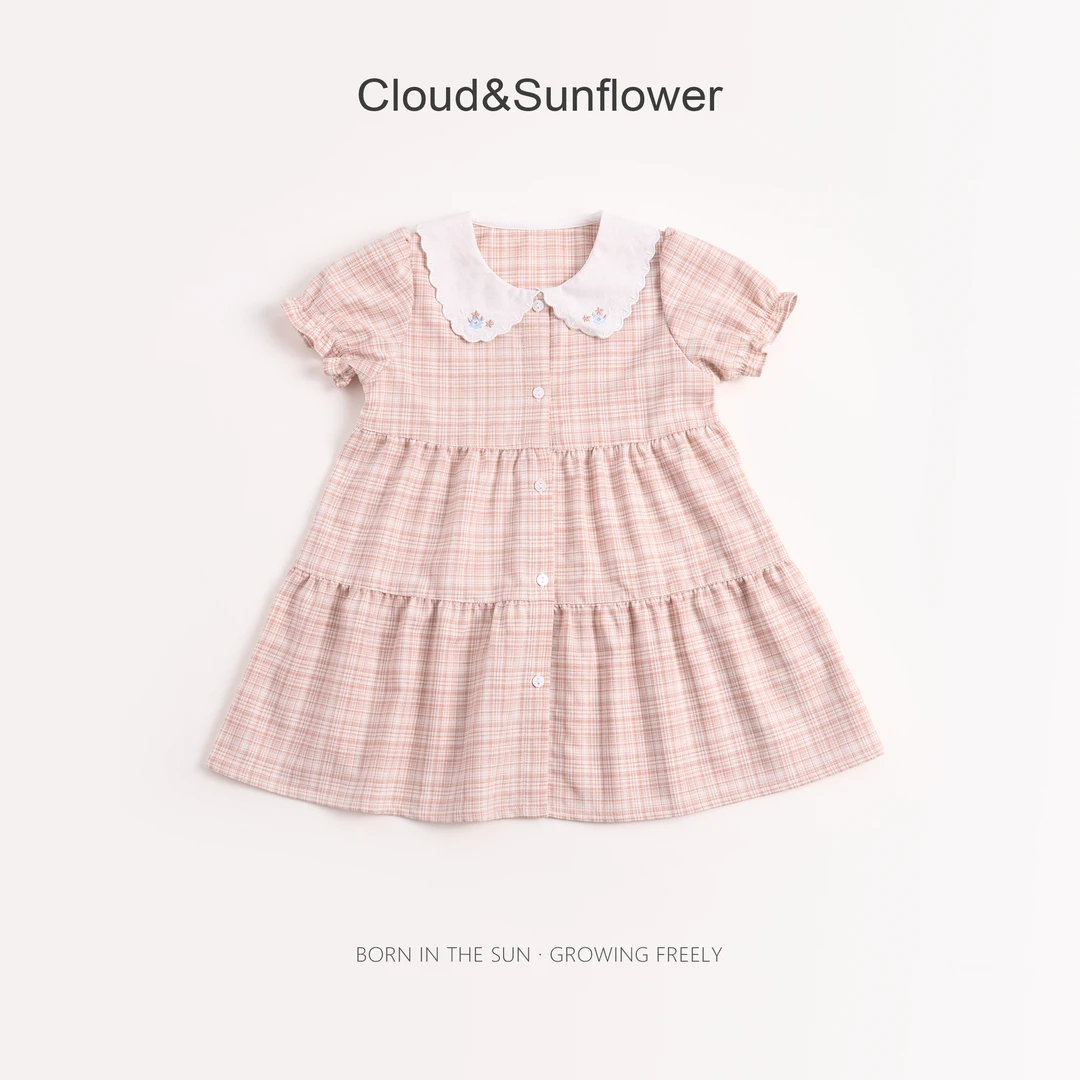 女童夏季翻领刺绣五粒扣格子休闲连衣裙660870