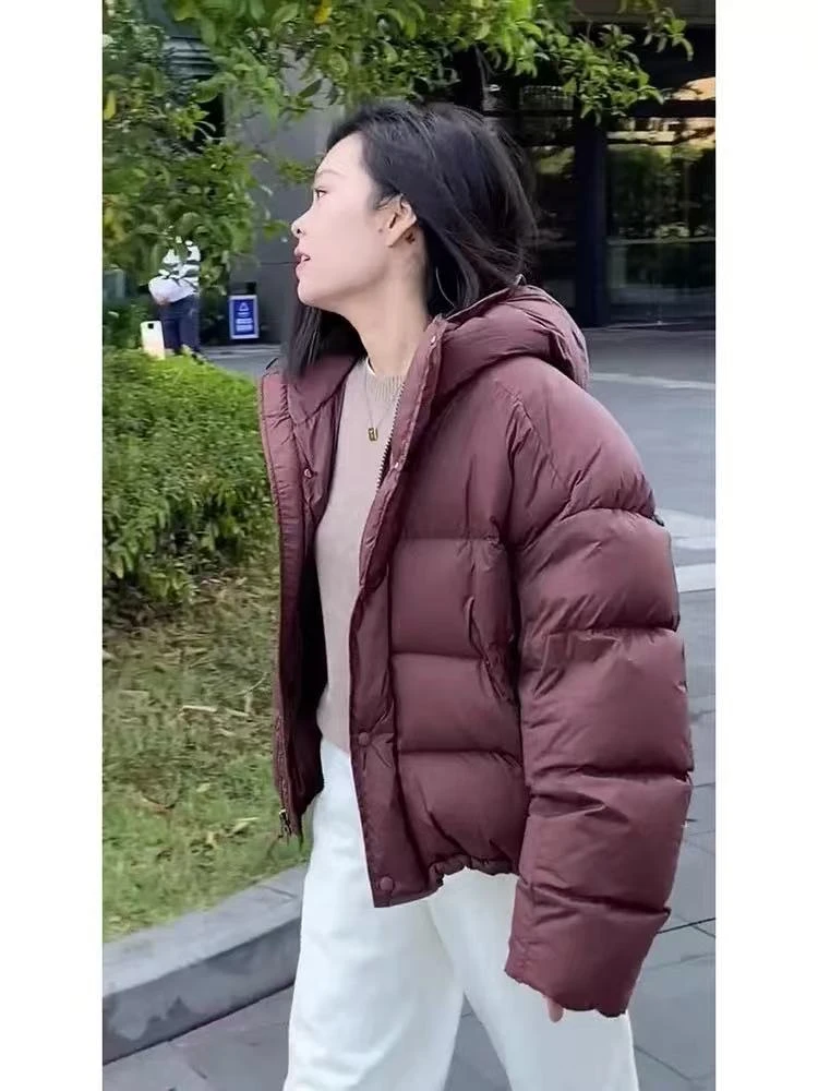 7887穿搭小个子高级感超好看棕色短款厚外套连帽棉服女款