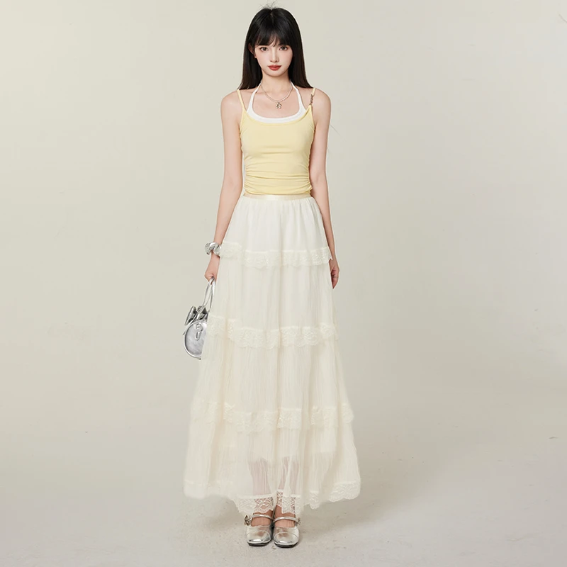 夏季褶皱高腰a字中长款甜美仙女蛋糕裙子芭蕾风蕾丝网纱半身裙女
