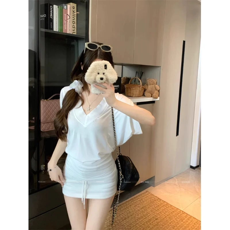 美式复古V领蝙蝠短袖T恤女夏季大码胖MM显瘦遮肉掐腰宽松休闲上衣