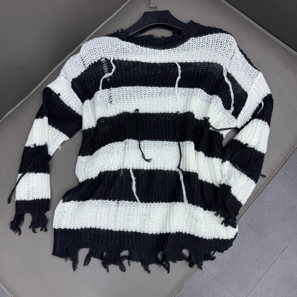 设计师款破洞流苏款慵懒风条纹上衣1549潮流休闲