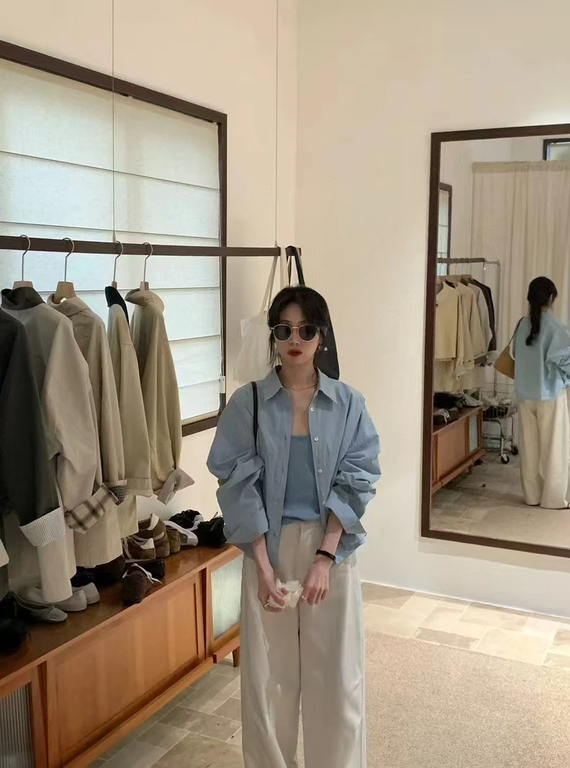 【天青烟雨】时尚韩系航海蓝短款衬衫上衣搭配白色休闲牛仔裤套装