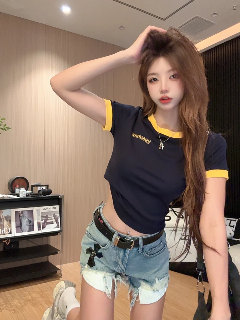 李馨儿【月亮海 】气质短袖时尚修身拼接夏季打底百搭T恤宽松韩版