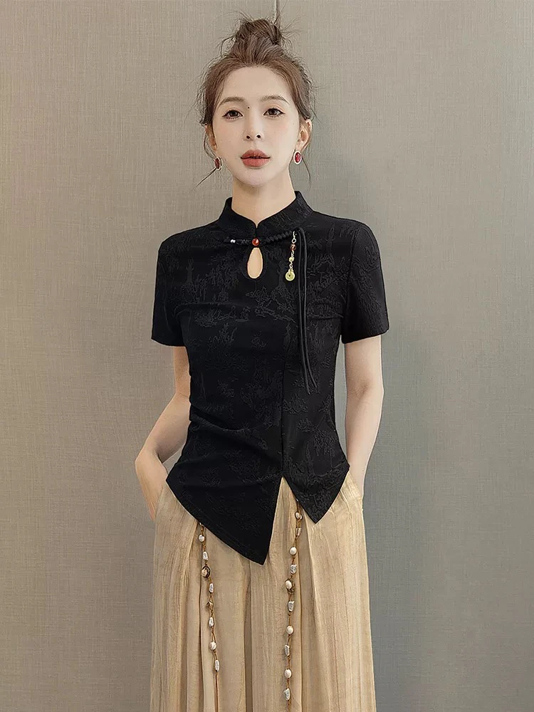 新中式短袖夏季纯色夏装T恤短款黑色立领镂空抗皱