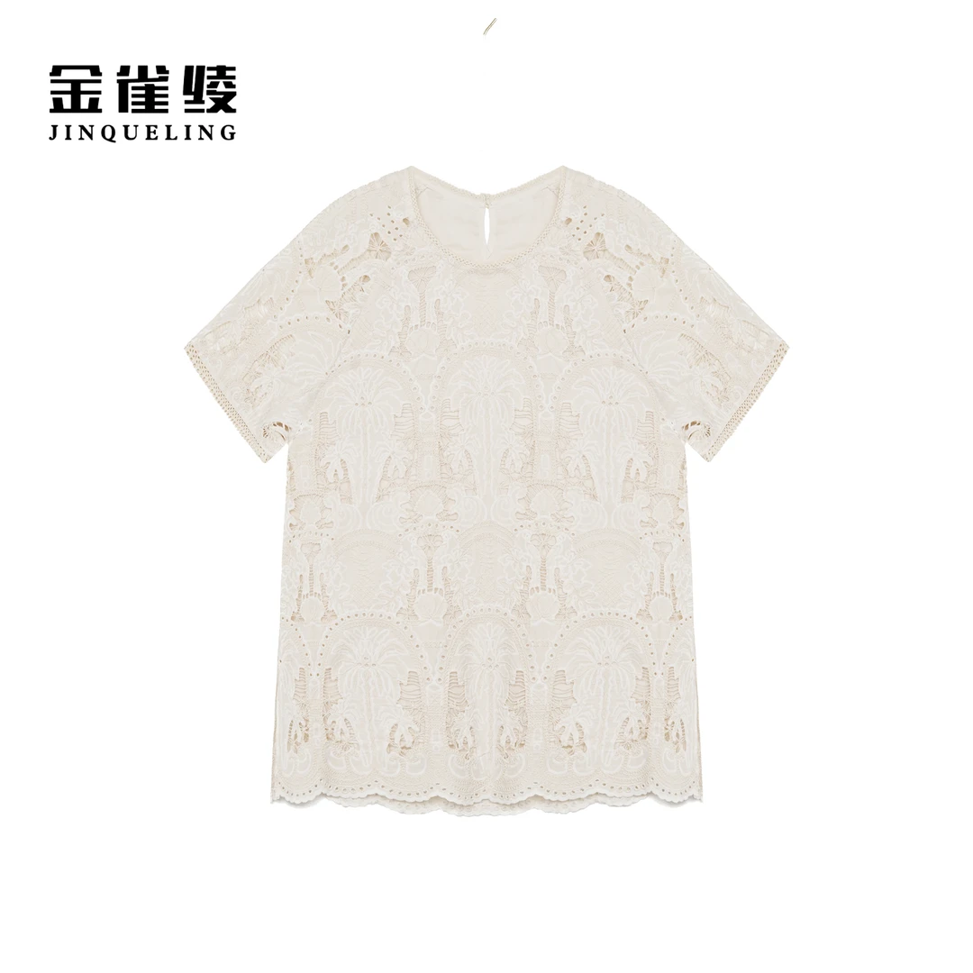 金雀绫【少女大人】设计师款镂空蕾丝纯色大码女装小衫SZA1S217