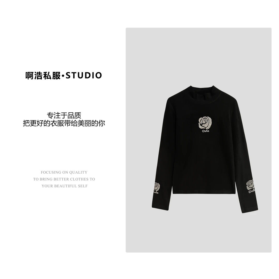 【啊浩私服】秋季新款时尚黑色烫钻百搭休闲上衣#0092