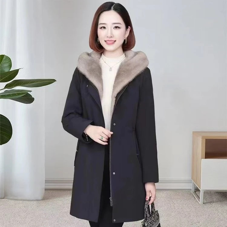 派克服女2025新款加绒加厚一体绒内胆连帽大毛领气质中长款外套