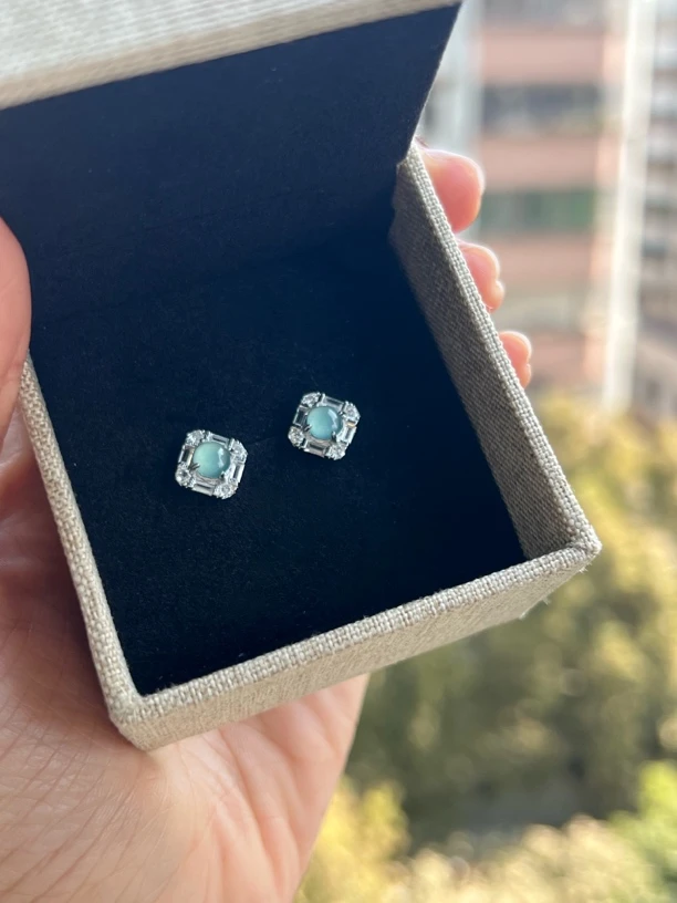 天然翡翠A货冰种蓝水耳钉经典方糖设计时尚气质百搭