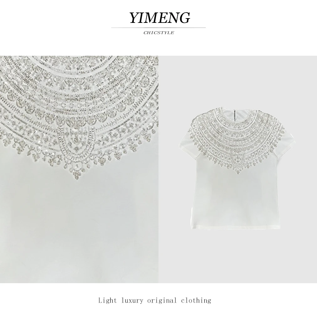 YIMENG/逸梦【白色恋人】重工亮片 白色圆领短袖上衣女