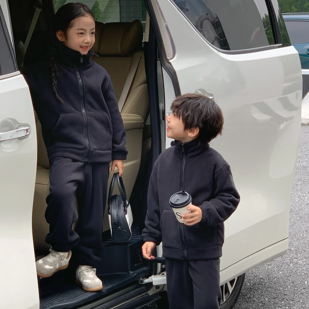 冬季奥利绒加绒加厚款外穿亲子套装女童大男童青少年宝宝校服神器