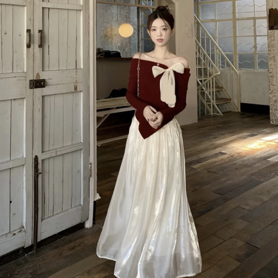 一字肩红色套装连衣裙子女2024新款秋冬季圣诞穿搭温柔风气质长裙