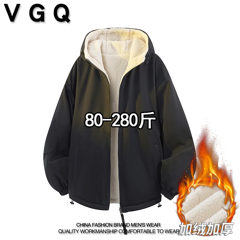 VGQ男士加绒加厚双面穿棉衣冬季新款加肥加大百搭保暖连帽棉袄子