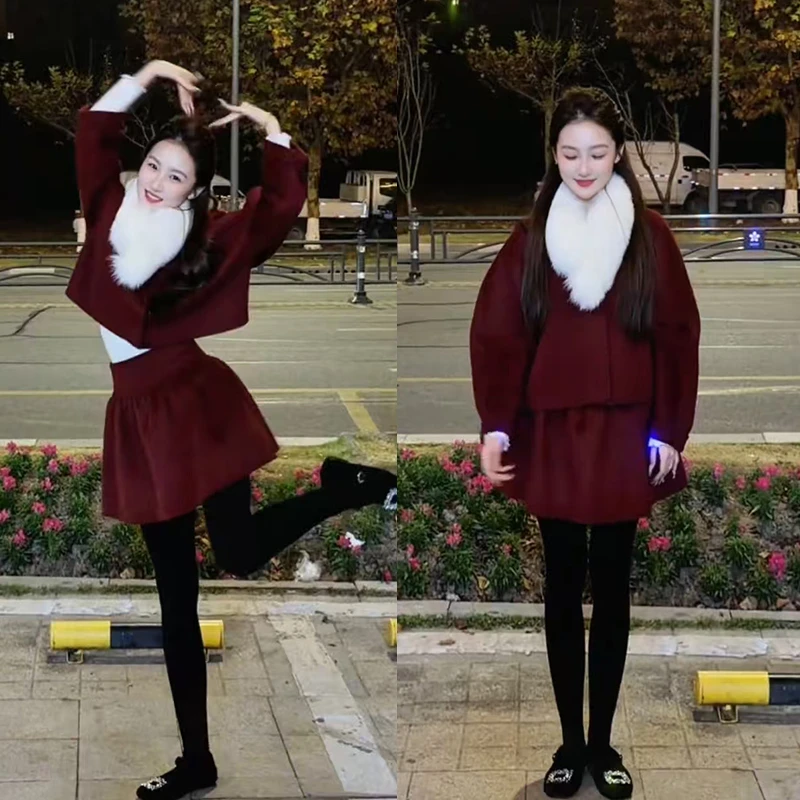 超火秋冬穿搭2025年新款韩系气质高级感长袖上衣短裙两件套装