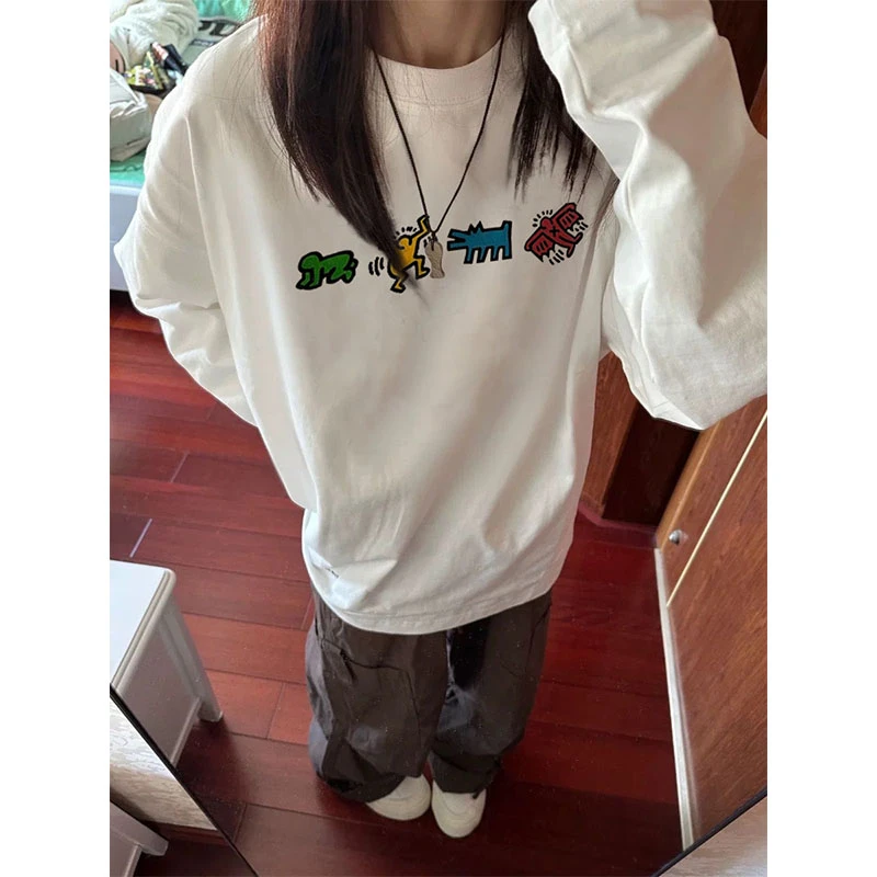 洋气减龄白色纯棉长袖T恤女春秋季新款美式慵懒宽松内搭打底上衣