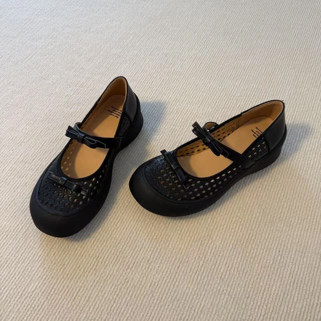 六也「冲孔编织」运动底蝴蝶结软底透气吸汗网孔浅口凉鞋女L723