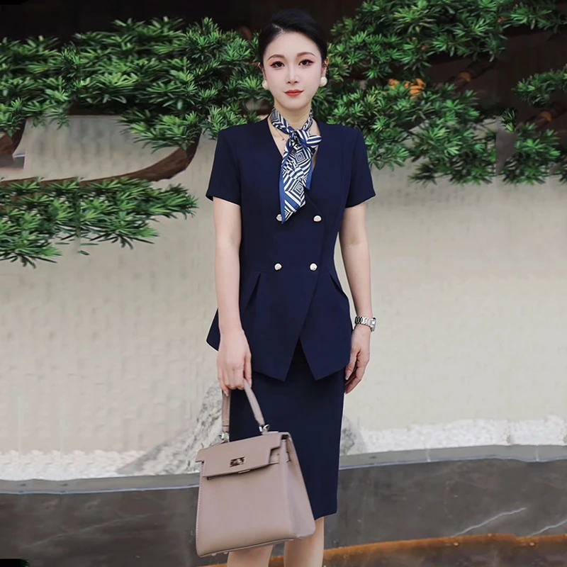 夏季短袖职业西装套装女套裙美容院酒店售楼部前台接待高端工作服