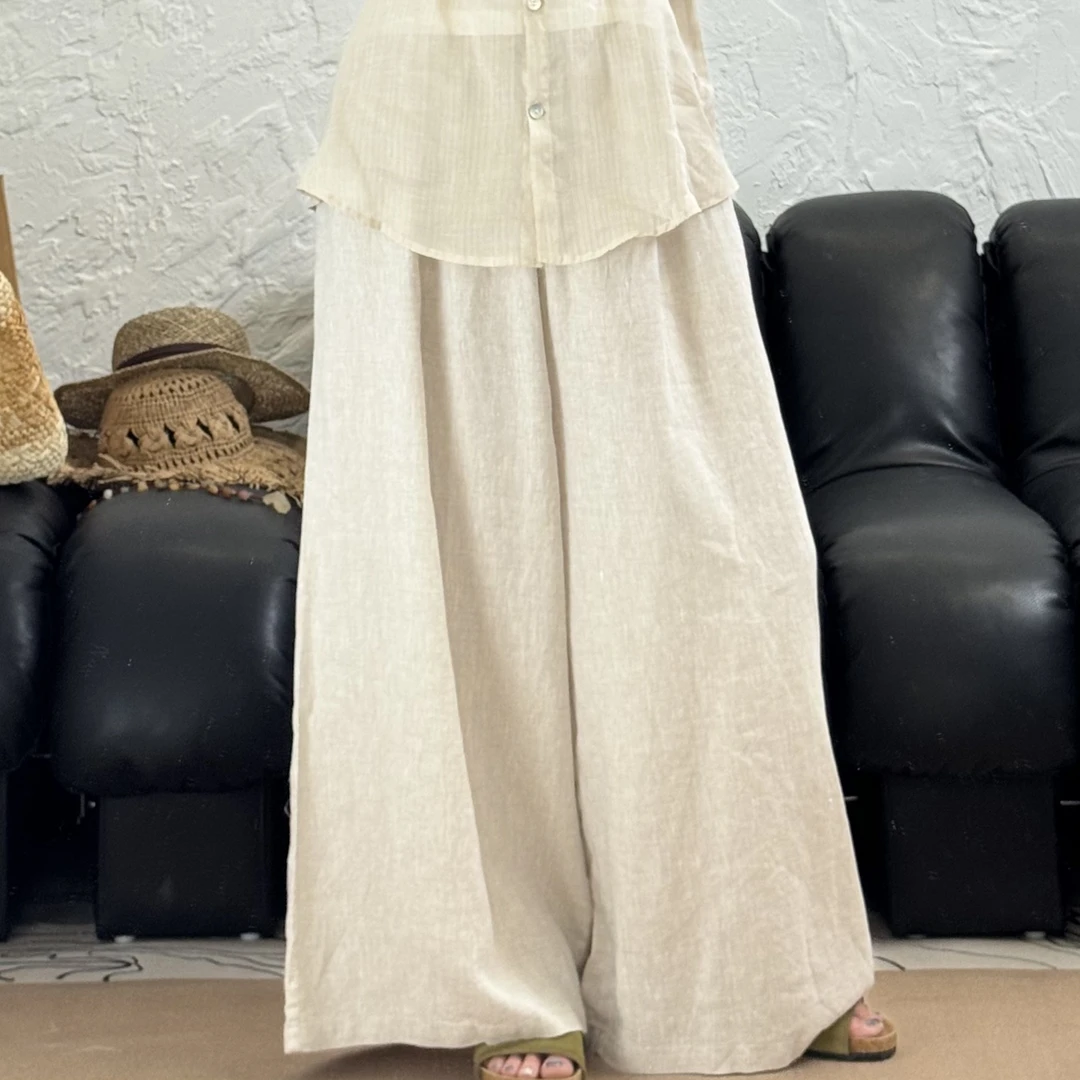 YILE▪【慵懒松弛亚麻裤】松紧腰宽松老钱亚麻休闲直筒裤阔腿长裤