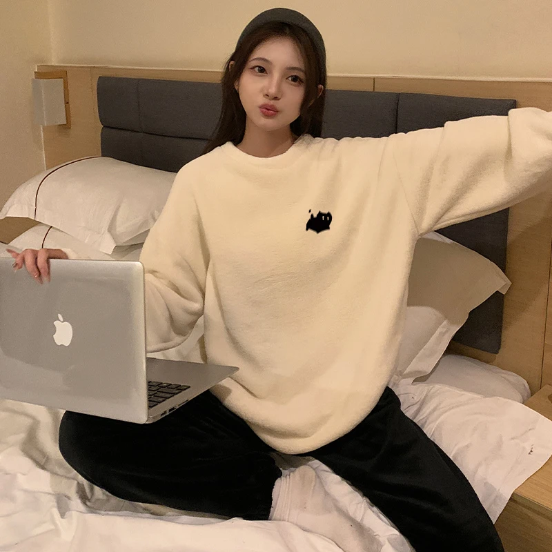 秋冬季睡衣女士冬天珊瑚绒加绒加厚保暖法兰绒学生宽松家居服套装