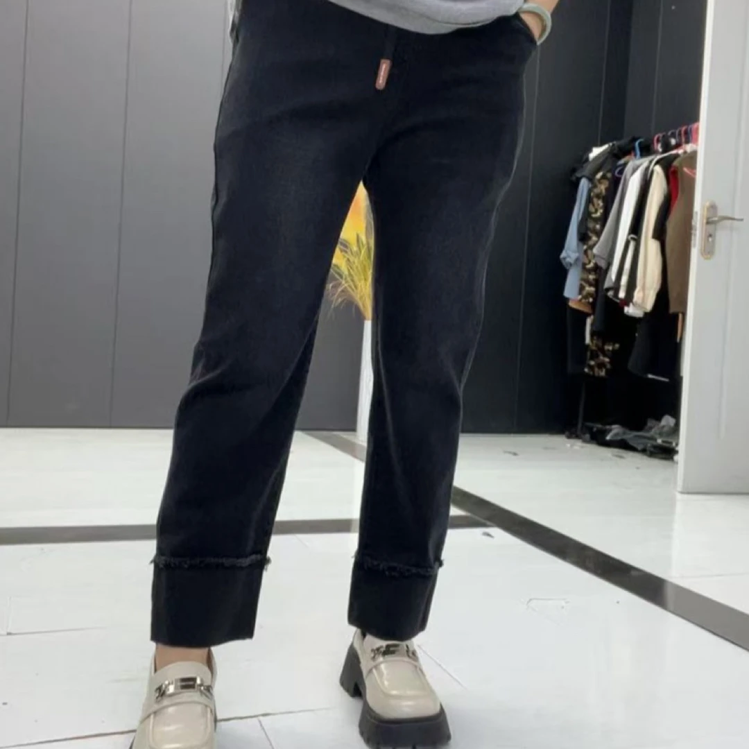 女士高腰弹力直筒九分显瘦牛仔裤休闲裤时尚百搭修身春秋款-909