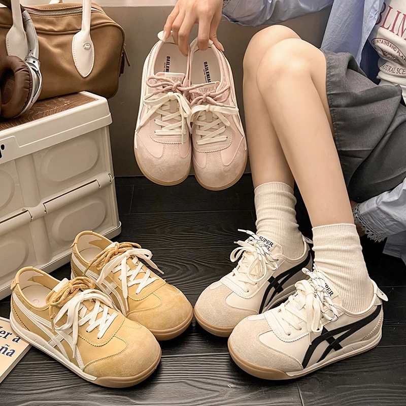 丑萌大头小白鞋女2025春季新款真皮复古德训鞋百搭厚底圆头阿甘鞋