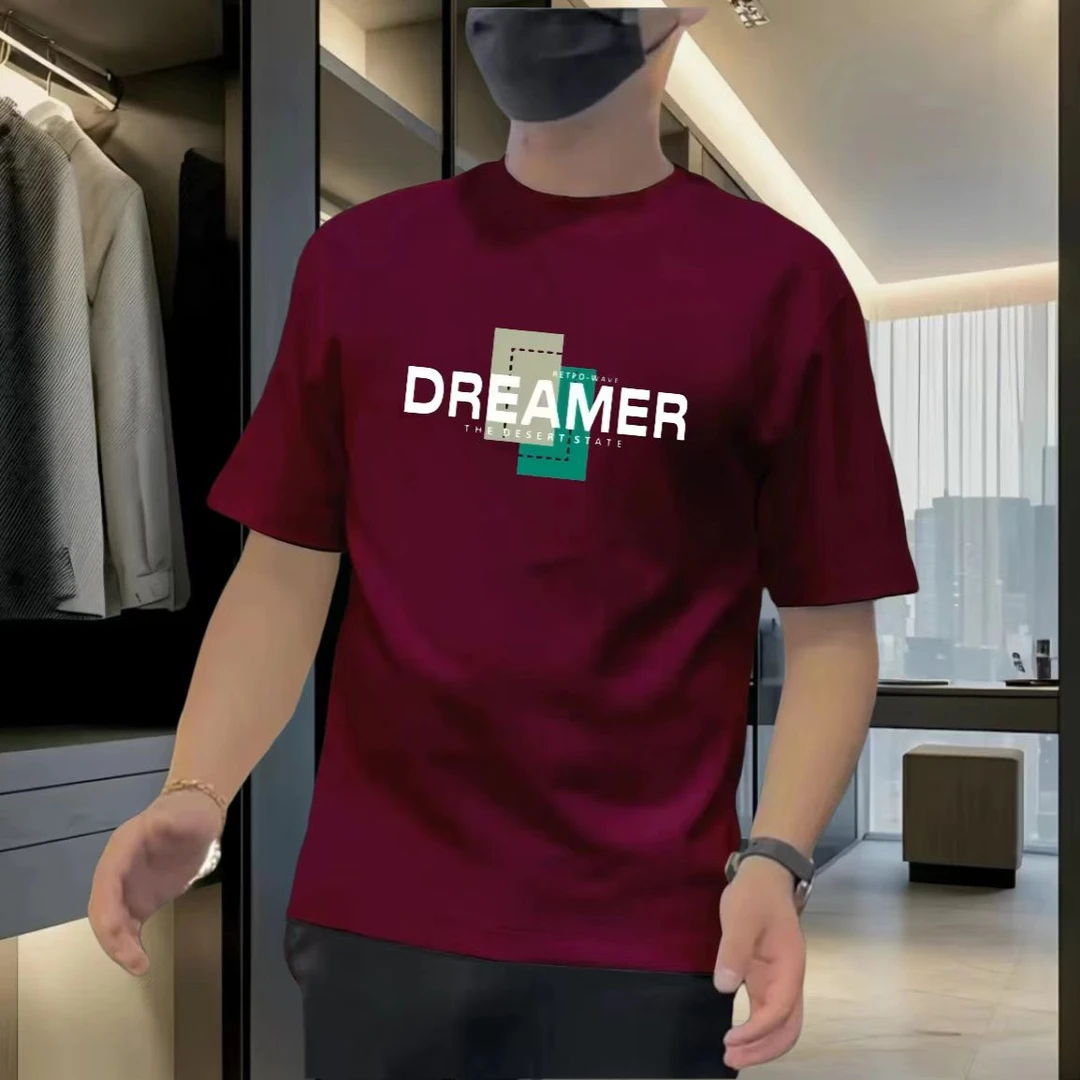 2025新款男士春夏季高品质酒红色纯棉时尚百搭潮流修身圆领短袖