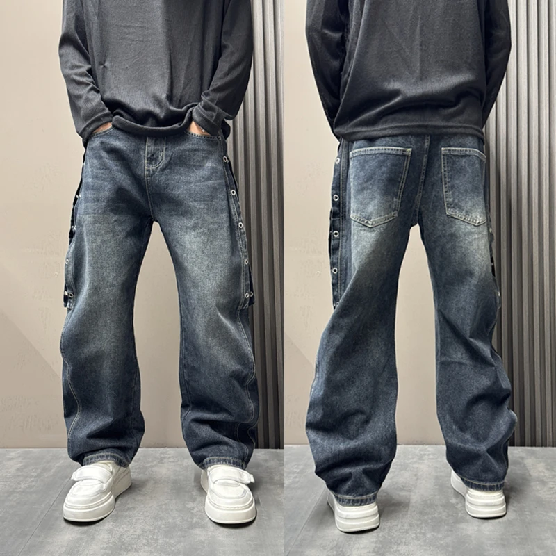 美式复古水洗拼接设计感牛仔裤男2025秋季宽松弯刀直筒裤痞帅长裤
